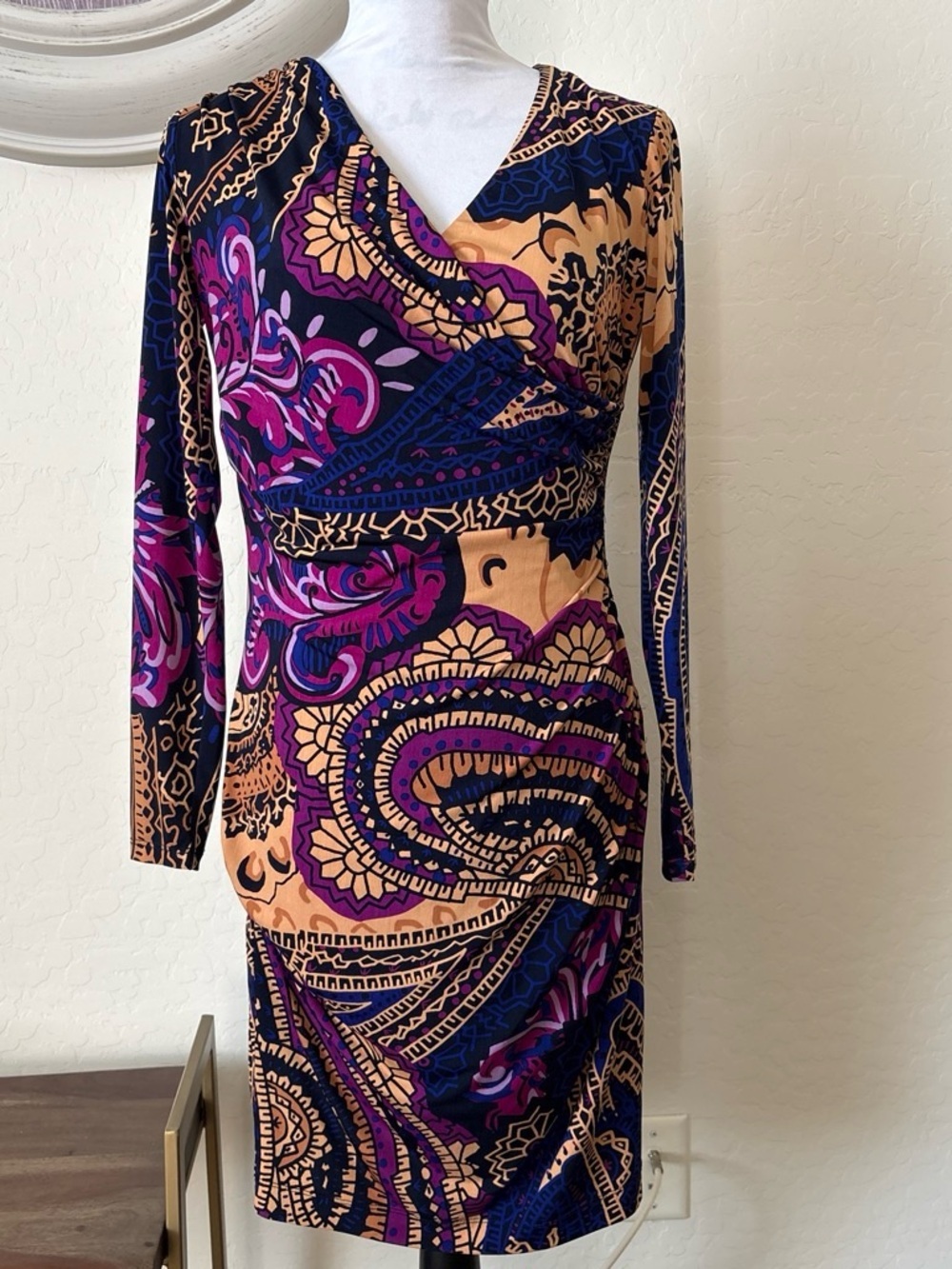Donna Morgan Purple & Tan Paisley Wrap-Style Midi Dress with long sleeves. 4